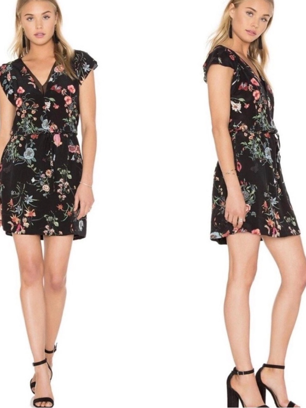 Rebecca Taylor Black Floral Mini Dress with Multicolor Blooms